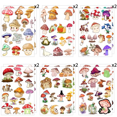 12 Sheets Mushroom Temporary Tattoos, Mushroom Birthday Party Supplies Decorations Cute Fake Tattoos Stickers Mushroom Party Favors Goodie Bag Fillers Party Games Gifts School Classroom Rewards