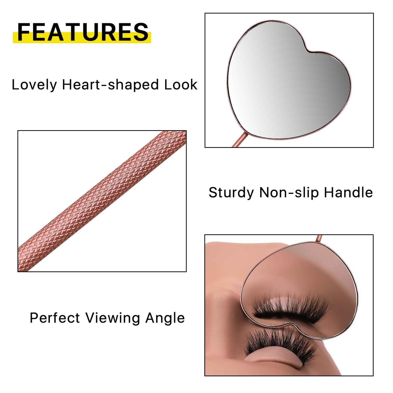 Miuffue 2.2inch Lovely Lash Mirror, Heart Shaped Detachable Stainless Steel Eyelash Mirror for Eyelash Extensions, Lash Supplies and Tool for Techs, Pink