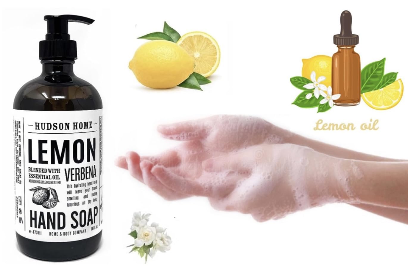 Home and Body Co Hand Soap16 FL/473ml Infused with Essential Oils, GLASS BOTTLE (Lemon Verbena)