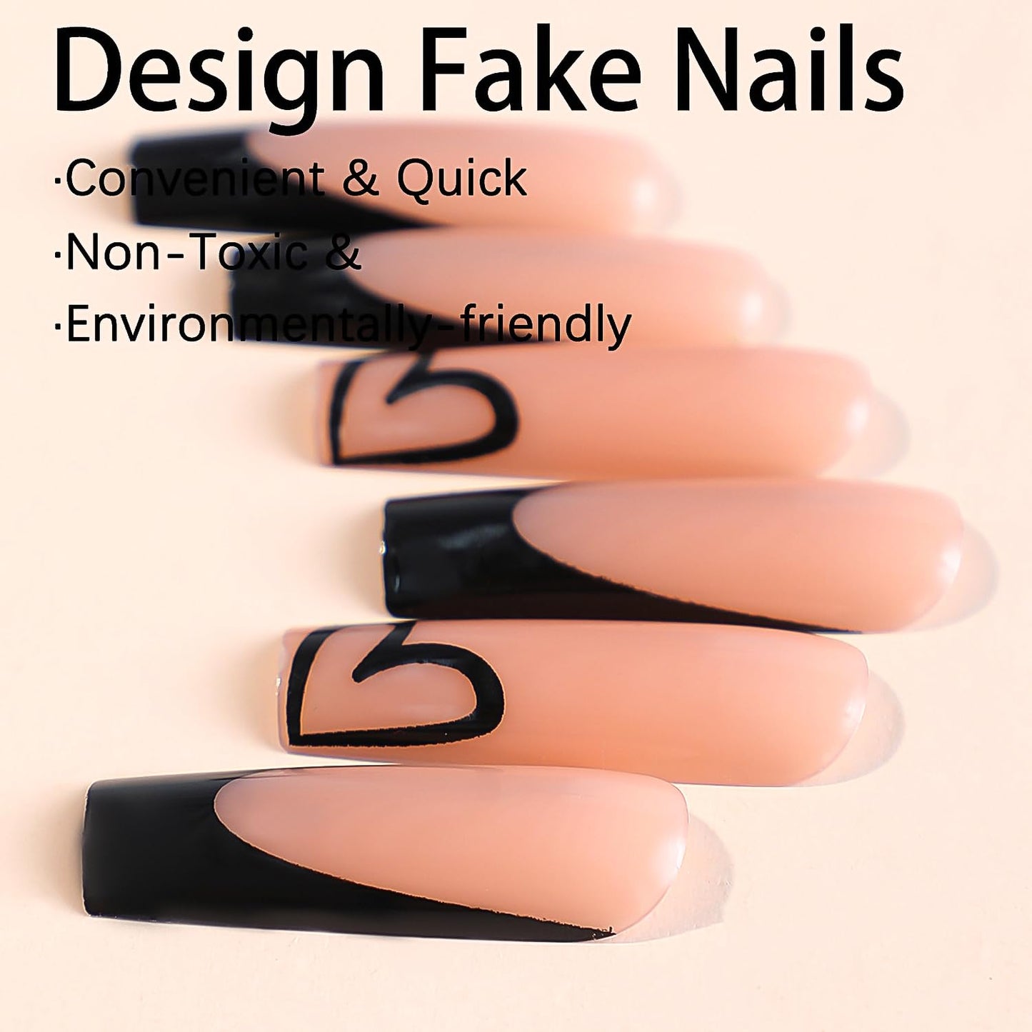 24Pcs French Tip Press on Nails Black Nude Fake Nails Full Cover Glossy False Nails Heart Designs Acrylic Nails Medium Square Artificial Nails for Women