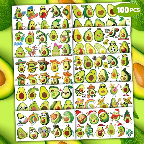 100 PCS Christmas Funny Avocado Temporary Tattoos Sticker Fruit Vegetable Mexican Fiesta Avocado Firts Birthday Party Favors Decorations Supplies Gifts Boys Girls Cute Fake Tattoo School Reward Themed