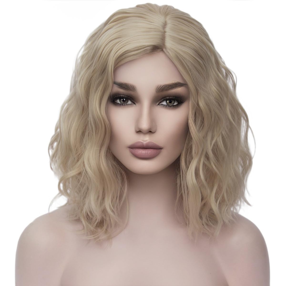 WTHCOS Blonde Wig Short Curly Wavy Bob Wig for Women Girls Blonde Hair Wigs Beach Wave Synthetic Wigs for Cosplay Costume Party Wig Cap Included