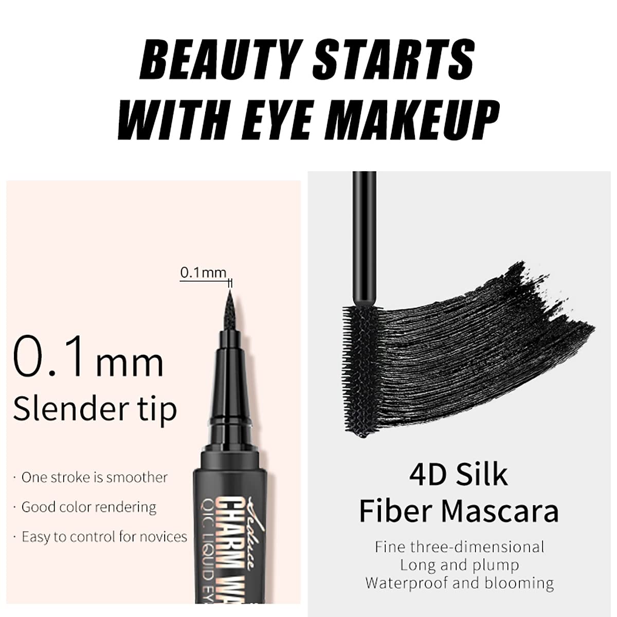 4D Silk Fiber Lash Mascara & Eyeliner Pen, Extension Voluminous Fiber Mascara Waterproof & Smudge-Proof Eyeliner, Long-Lasting No Flaking Natural No Clumping, All Day Exquisitely Full