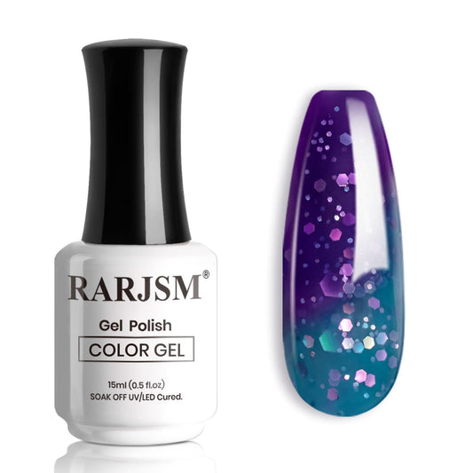 RARJSM Color Changing Gel Nail Polish Glitter 15ML Blue to Purple Temperature Change Colors Soak off UV Mood Changing Gel Nail Polish for Nail Manicure DIY Salon at Home