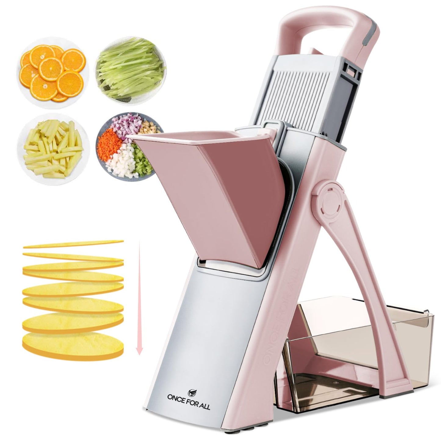 ONCE FOR ALL Upgrade Safe Mandoline Slicer Plus, Adjustable Vegetable Food Chopper Potato Fries French Fry Cutter, Detachable Blade, Kitchen Chopping Artifact, New Kitchen Gift (Pink)