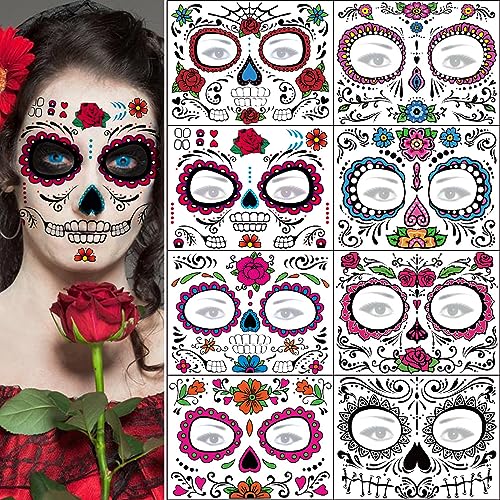 Day of the Dead Face Tattoos - 8 Sheets Sugar Skull Halloween Temporary Tattoo Kit