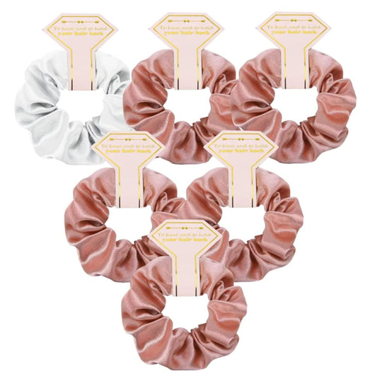 Loanzeg Satin Bridesmaid Scrunchies Bachelorette Hair Ties Set of 6 Bridal Shower No Damage Hairties ideas Gift for Wedding Party Favors Bridesmaid Proposal Gifts (White&Rose Gold)