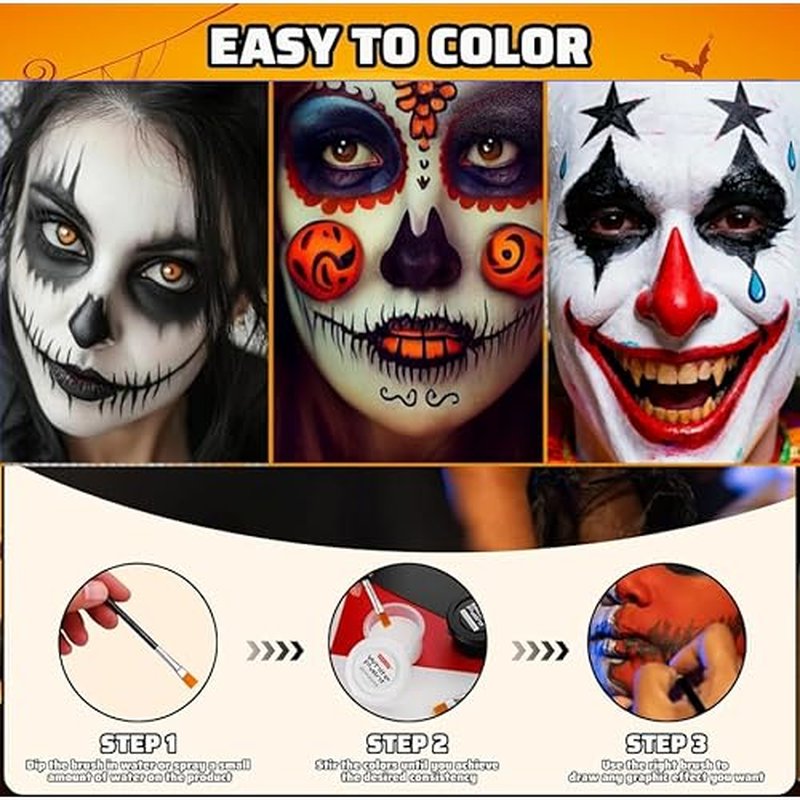 3 Color water-based Face Body Paint Set £¨Black + White + Red )with Brushes Kits Non-Toxic Easy Washable ,for Adults Halloweens Partys Cosplays Joker Zombie Vampire SFX Art Stage Makeup Adults