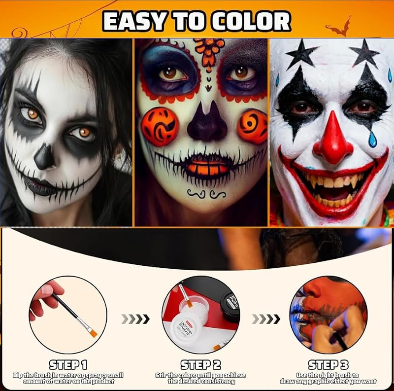 Water-Based Face Paint Set - 3 Colors with Brushes, Halloween Makeup