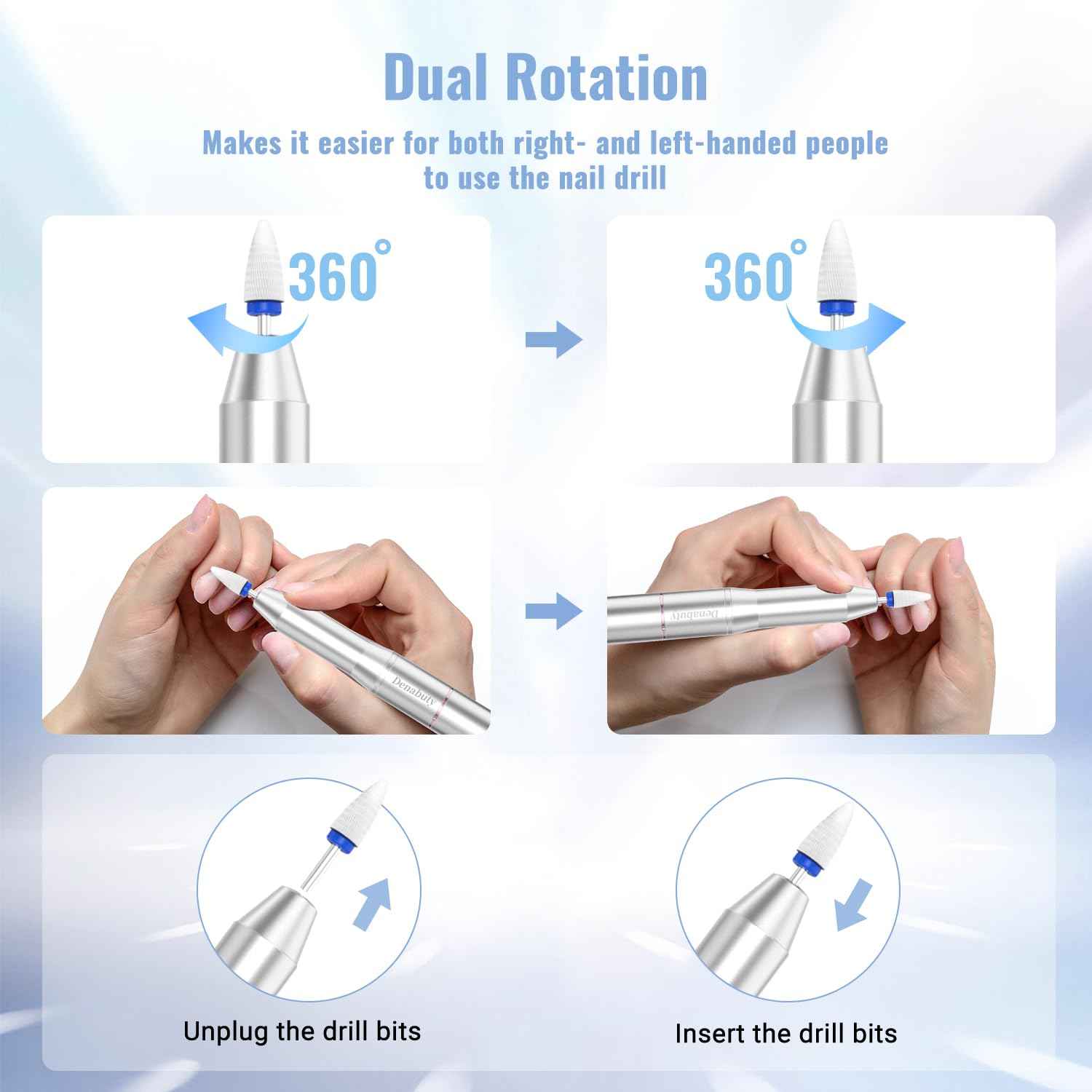 Denabuty Cordless Electric Nail Drill File: 35000RPM Professional Nail Drill Machine with UV LED Nail Lamp Charging Base, Manicure Pedicure Kit E File for Acrylic Gel Dip Powder Polish Silver