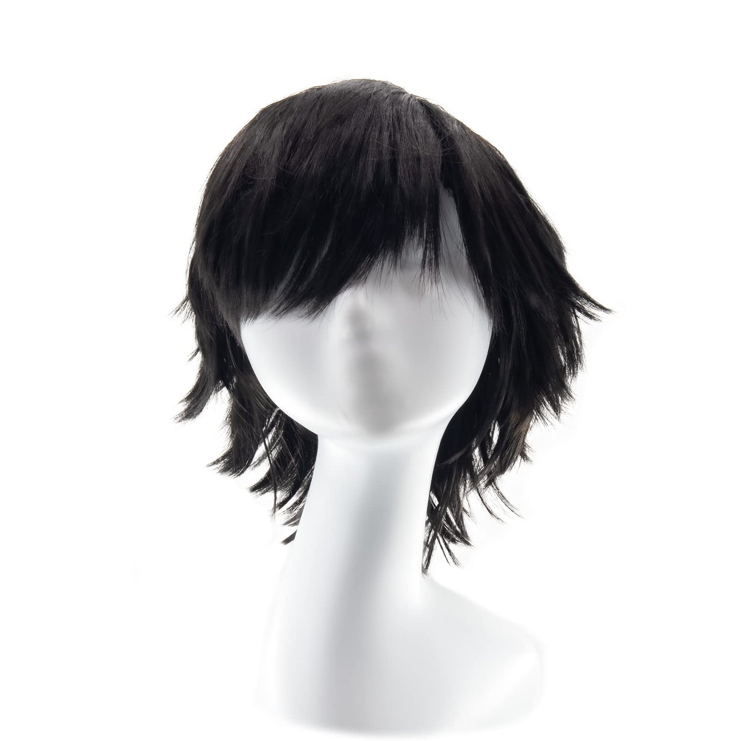 Gairyan Short Black Wig Cosplay Wig Unisex Anime Costume Straight Fluffy Wig Synthetic Spiky Layered Short Hair With Bangs Heat Resistent Holiday Theme Party Fancy Dress Halloween Wig + Free Wig Cap