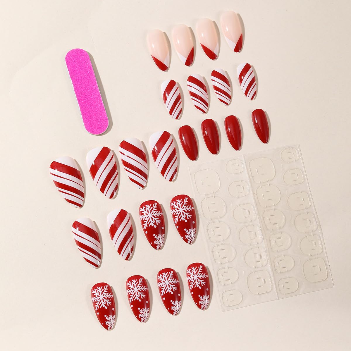 24pcs Christmas Press on Nails Medium Almond Fake Nails Snowflake Winter Xmas Nails Press on Red White Stripes with Designs Acrylic Full Cover Glossy Glue on Nails Artificial Nails Christmas for Women