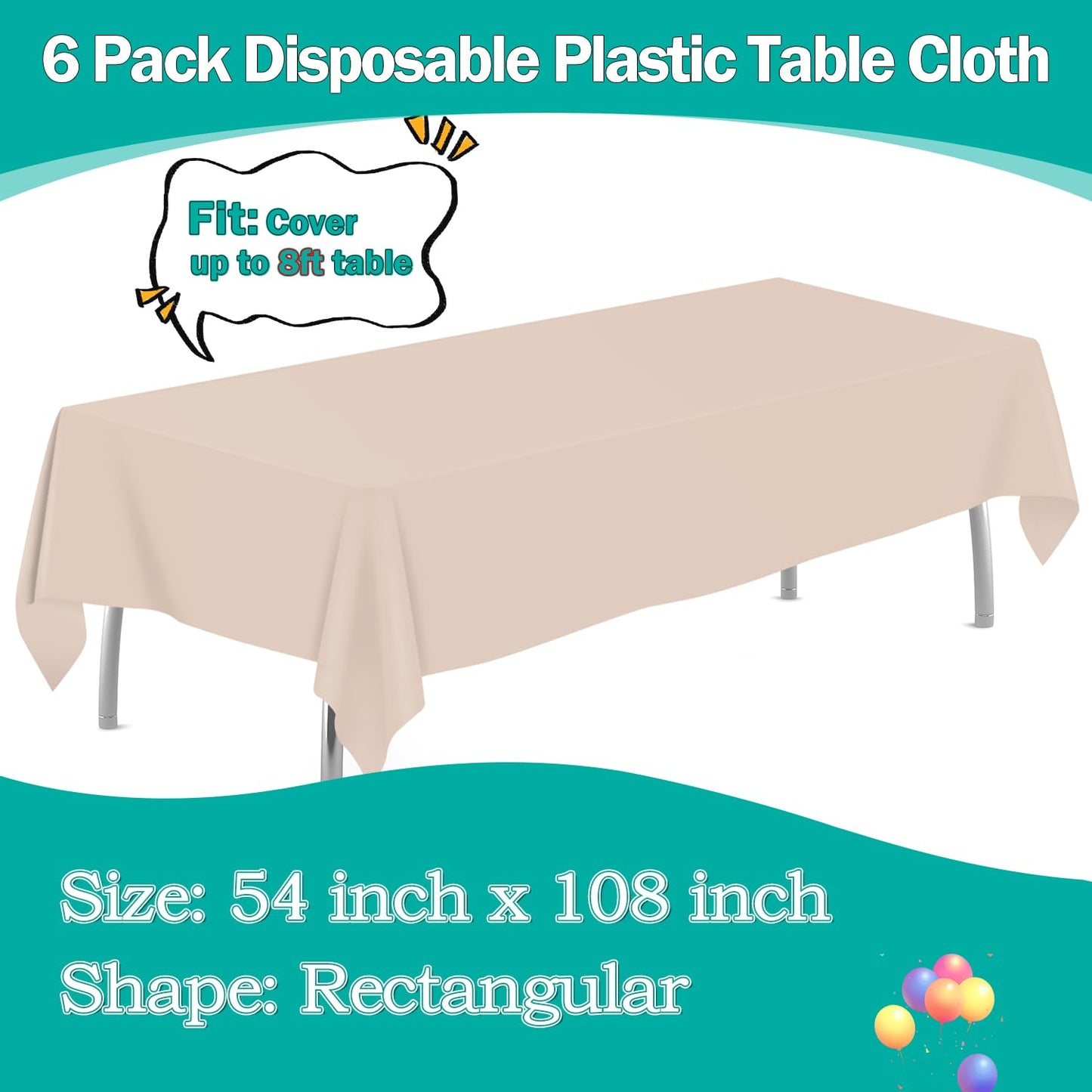 tujol Ivory 6 Pack Plastic Table Cloth 54" x 108", Disposable Tablecloths Rectangle Table Cover, Plastic Table Cloths for Parties