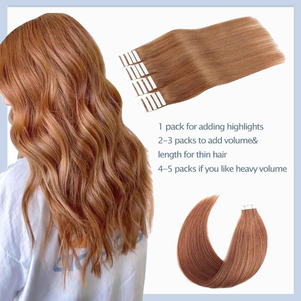#30 Brown Tape in Extensions Human Hair 18 Inch Brown Straight Tape in Seamless Extensions Real Human Hair Skin Weft Seamless Invisible Unprocessed Virgin Remy Hair 50g 20 Pcs