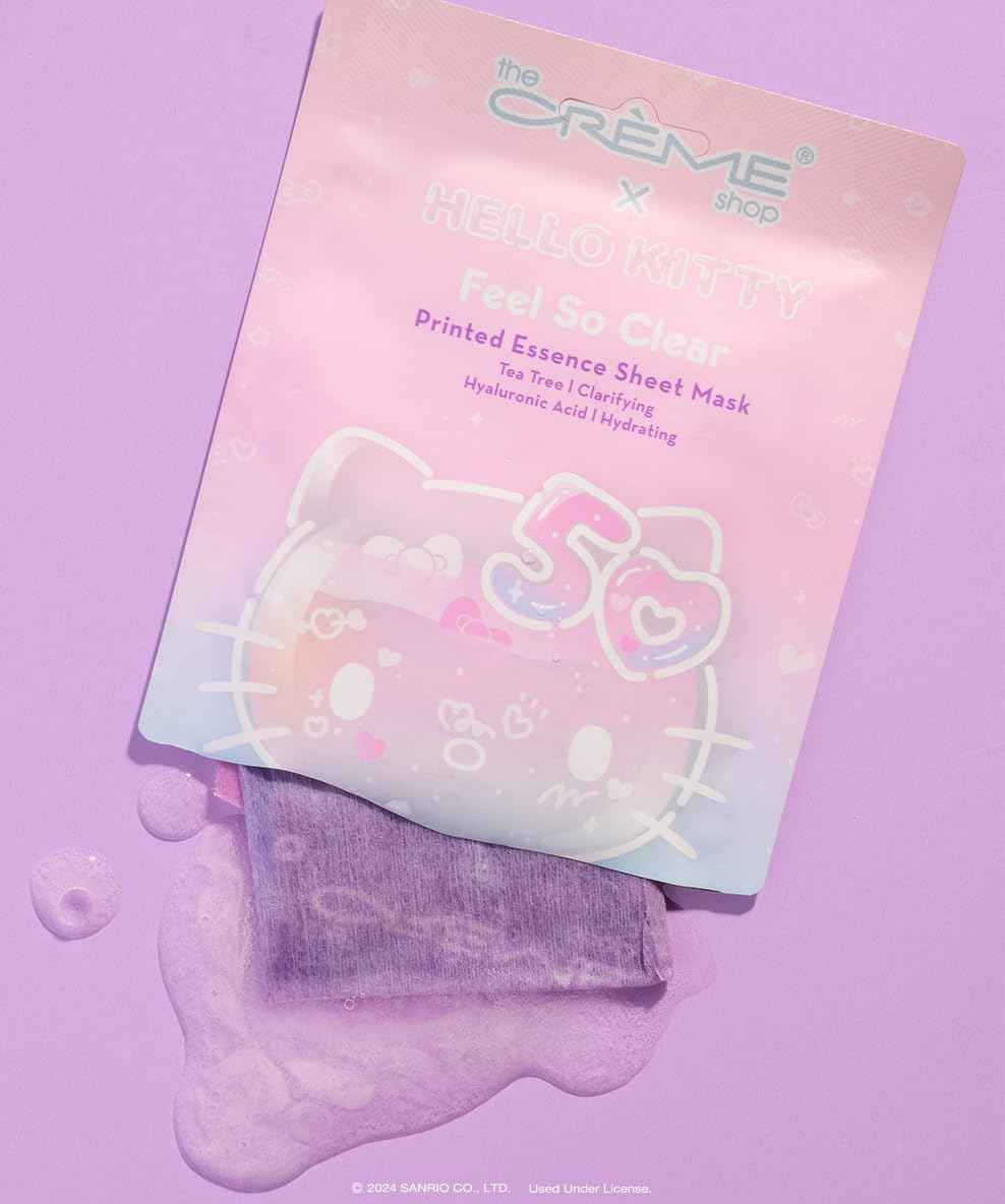 The Crème Shop x Hello Kitty Feel So Clear Printed Essence Sheet Mask, Clarifying and Hydrating Face Mask with Tea Tree and Hyaluronic Acid - 50th Year Anniversary Limited Edition - (Pack of 12)