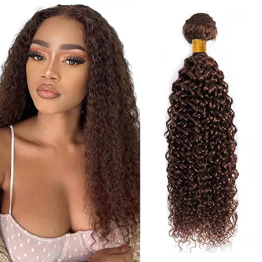 Human Hair Bundles 24 Inch Kinky Curly Wave Single Bundle #4 Chocolate Brown Human Hair Unprocessed Native Virgin Hair 100g Total 1 Extension Wet and Wavy Human Hair Extensions for Women