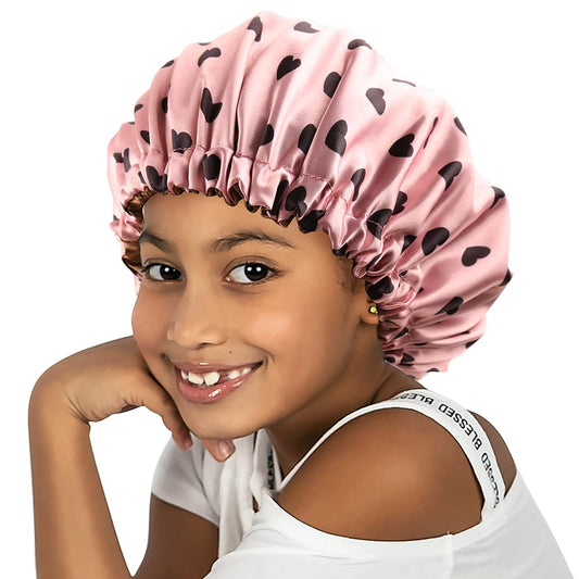 ELIHAIR Medium Kids Satin Bonnet Sleeping Cap for Natural Hair Teens Toddler Child Adjustable Satin Cap for Night Sleeping Reversible Double Layer Lotus Heart