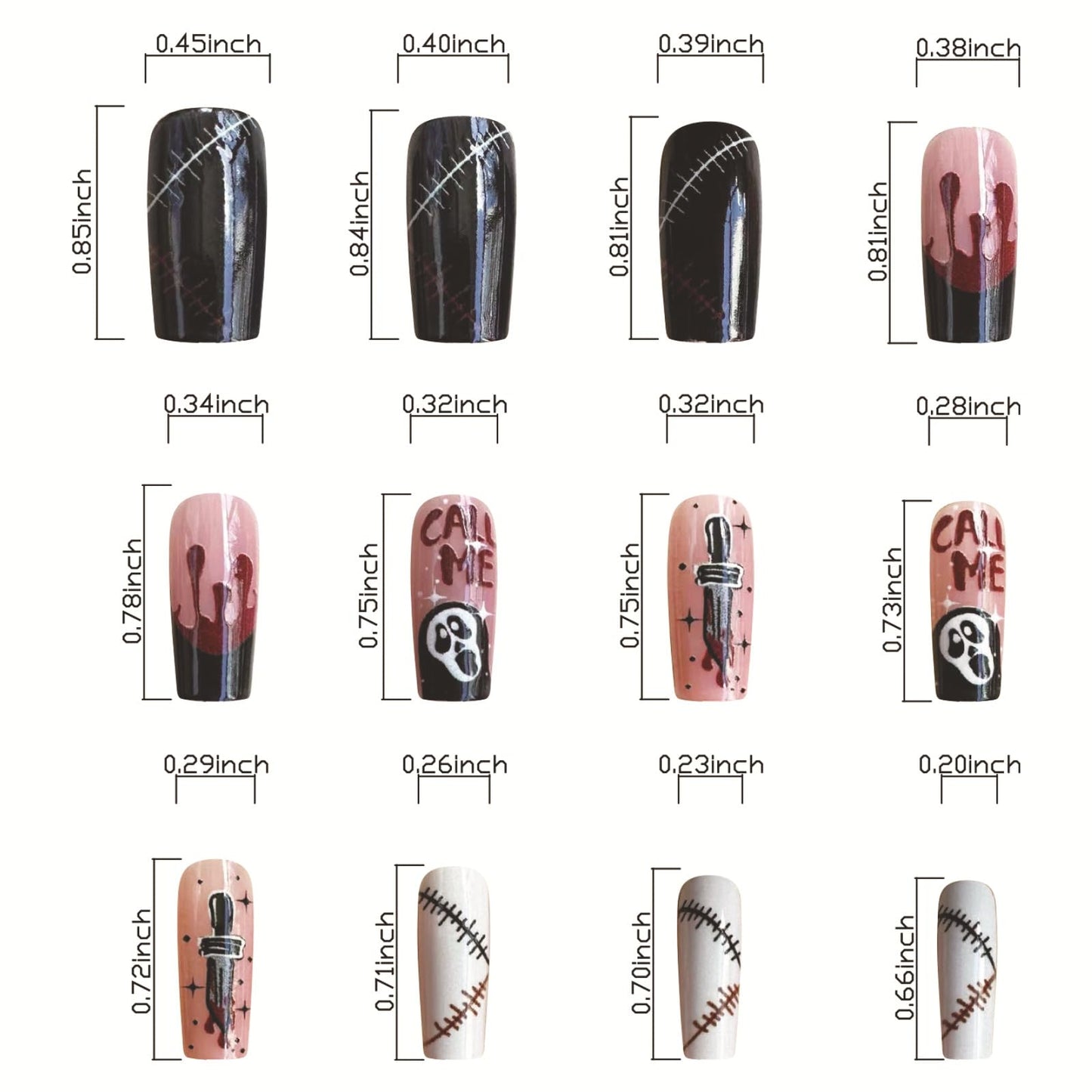 Coffin Fake Nails Medium Length Press on Nails Halloween False Nails with Ghost Knife Blood Patch Designs French Stick on Nails Full Cover Glossy Acrylic Fake Nails Horrible Halloween Artificial Nails