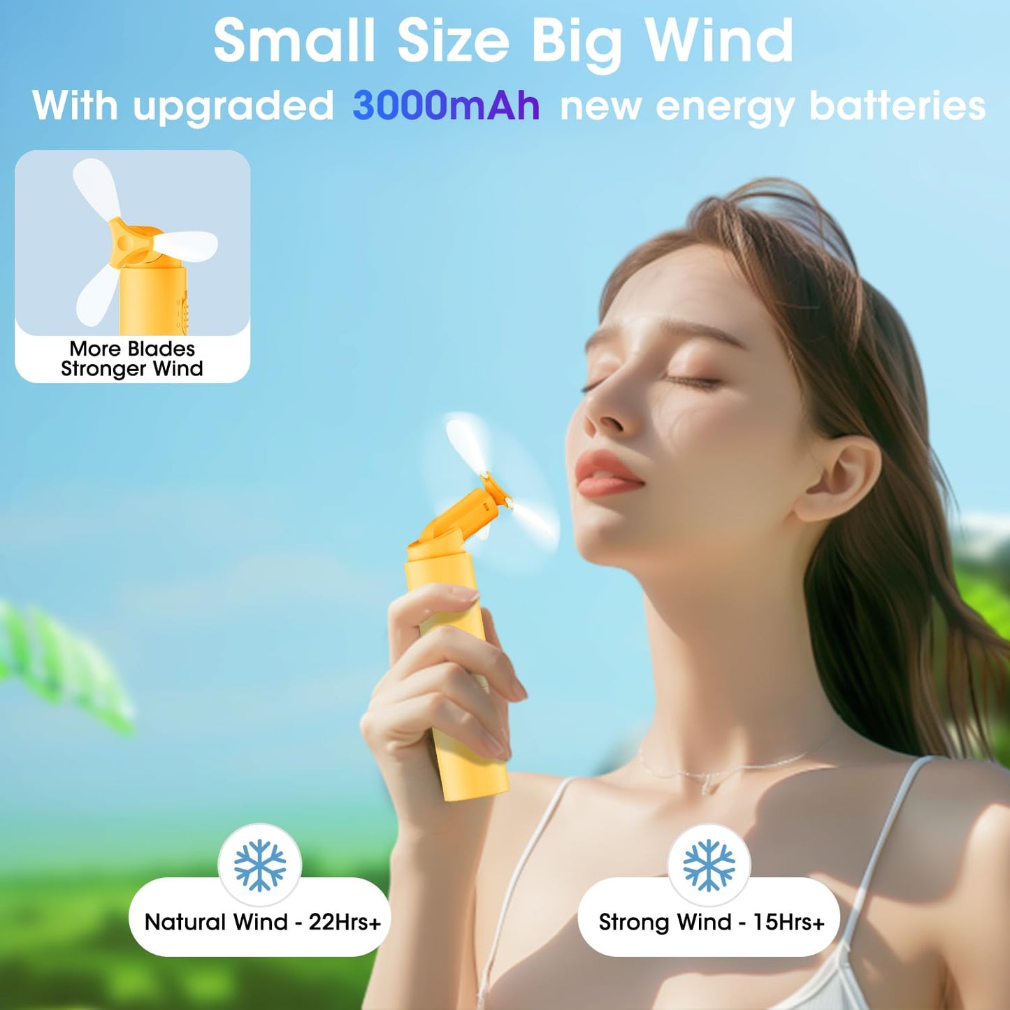 OLV Handheld Mini Fan Portable Rechargeable 3000mAh USB Battery Powered 22+Hrs Runtime Small Hand Held Fan Foldable Pocket Personal Fan Gifts for Women Girls Men Office,Travel,Outdoor - Yellow