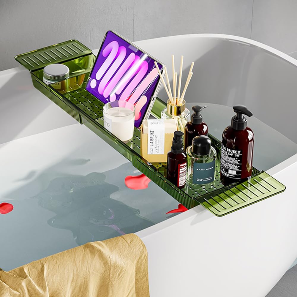 Ollimy Bathtub Caddy Tray, Adjustable Bath Tray for Tub, Bath Accessories, Tub Caddy for Bathroom Luxury Spa, Expandable Size Bath Tub Organizer with Anti-Slip mat, Fits Most Tubs