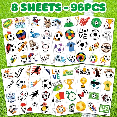 96 PCS Soccer Sports Pre-Cut Temporary Tattoos for Kids | Super Cute Soccer Themed Birthday Party Favors, Supplies, Decorations, Fake Tattoo Stickers (Soccer Tattoos)