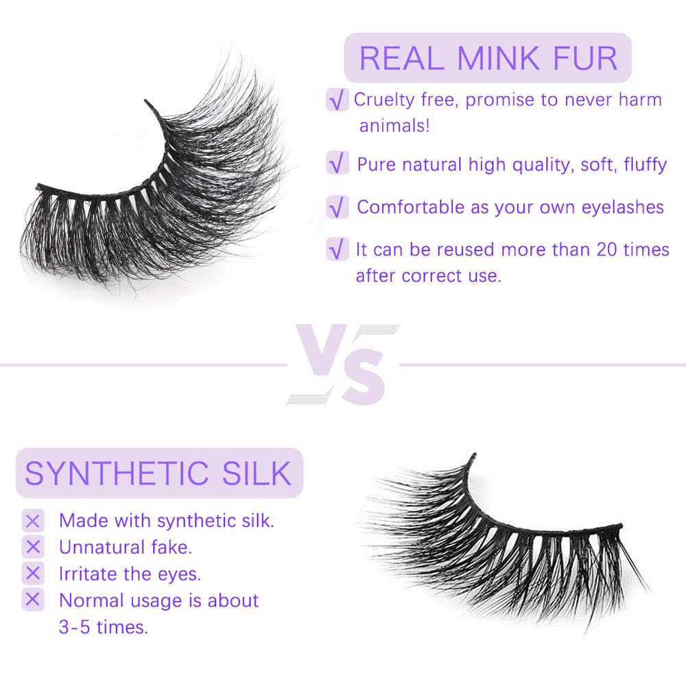 Kisslily 5 Pairs 25mm 3D Long Mink Lashes Pack Fluffy Mink Eyelashes Handmade Dramatic Thick Lash (6D-08)