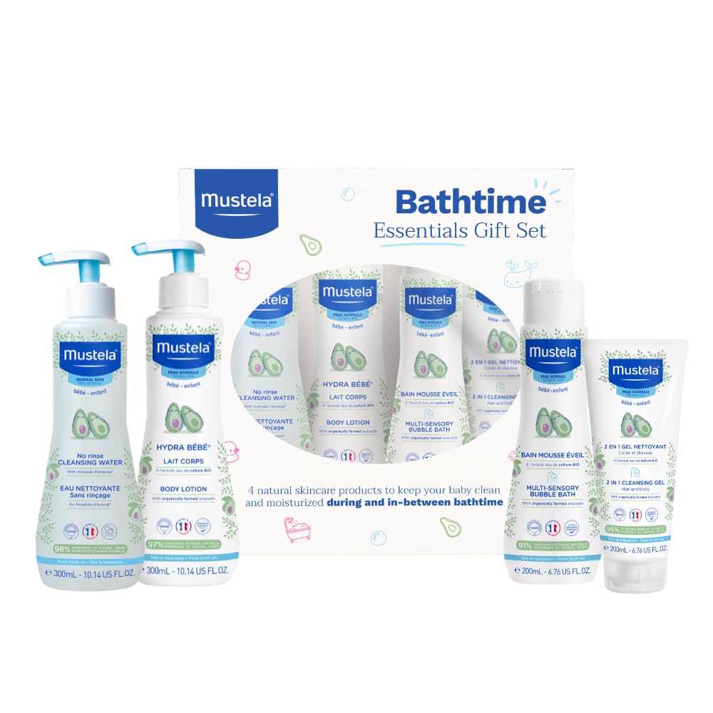 Mustela Baby Bath Time Essentials Gift Set - Natural & Plant-Based Baby Skin Care - 4 Items Set