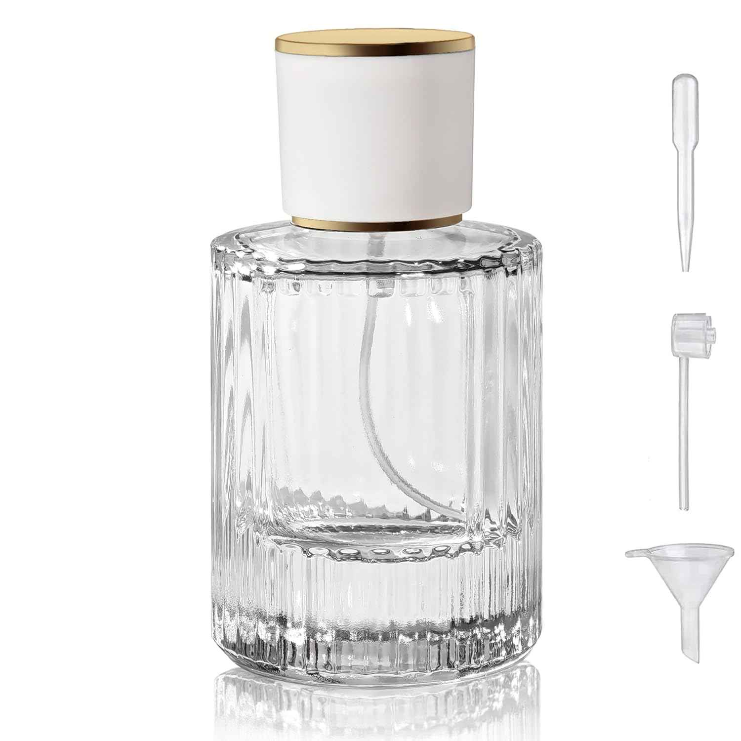 Yerpkefey 50ml/1.7 Oz Glass Spray Bottle Perfume Atomizer,Round Glass Perfume Travel Refillable Spray Bottle Empty with 3 Kinds of Dispenser (Clear1)