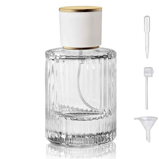 Yerpkefey 50ml/1.7 Oz Glass Spray Bottle Perfume Atomizer,Round Glass Perfume Travel Refillable Spray Bottle Empty with 3 Kinds of Dispenser (Clear1)