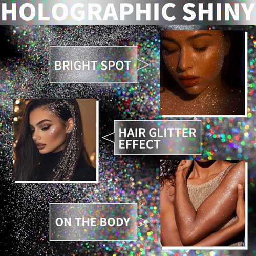 Hair Glitter Body Glitter Spray, 150ML Glitter Hairspray Holographic Silver Glitter Spray for Hair and Body, Hair Glitter for Kids Women, Body Shimmer Festival Makeup 4.2 Fl Oz