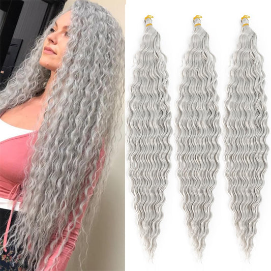 Ocean Wave Crochet Hair 30 Inch Deep Wave Braiding Hair 3 Packs Long Curly Crochet Braids Hair Extensions Light Gray