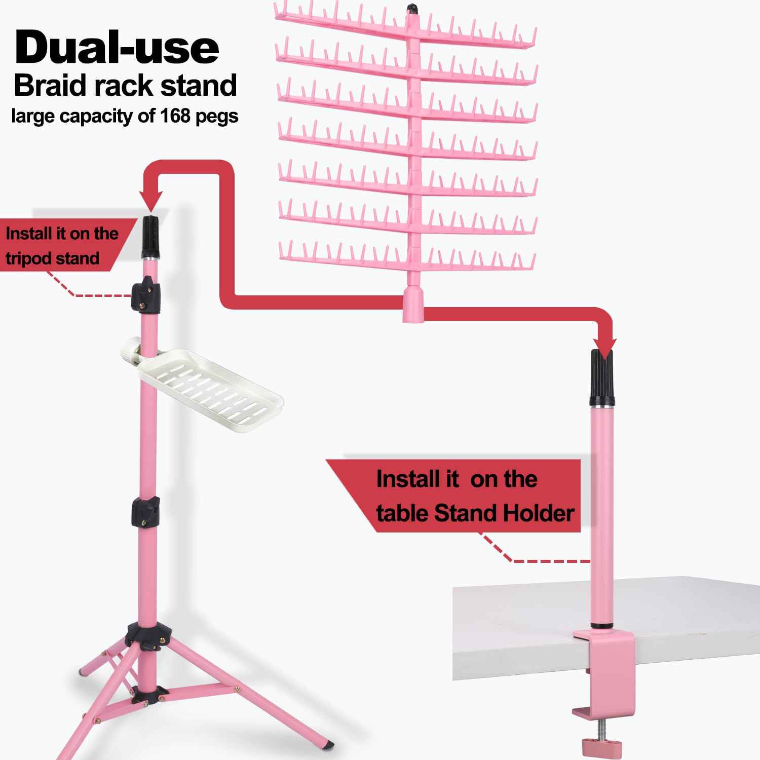 poipoilu Height Adjustable Braiding Hair Rack 168 pegs, Dual-use Braid rack with Clamp (Pink)