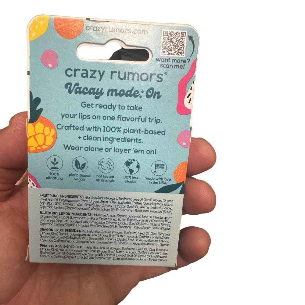 Crazy Rumors Fruit Mix Lip Balm 4-Pack Mix 100% Natural, Vegan, Plant-Based, Made in USA