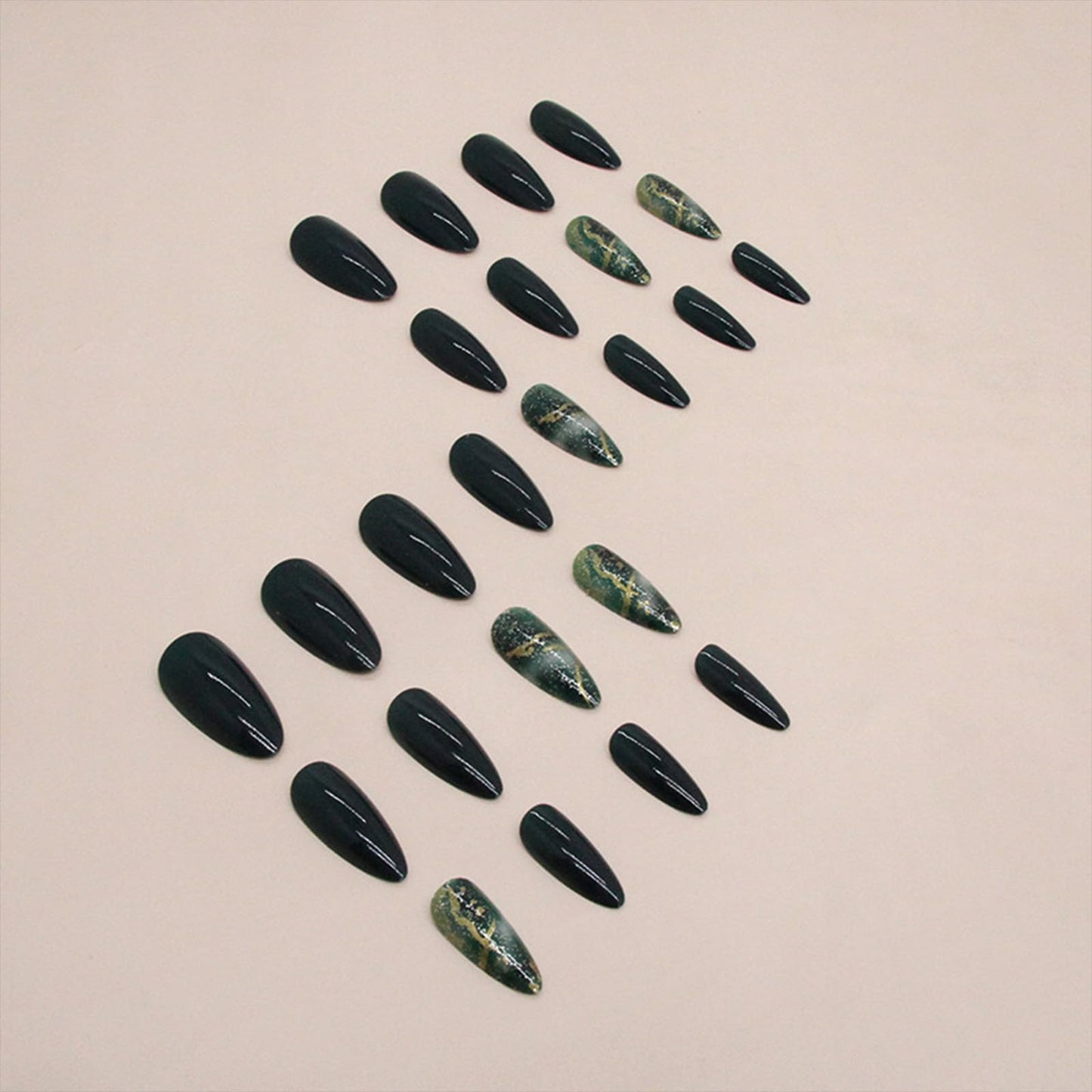 SINHOT Spring Press on Nails Medium Almond Fake Nails Emerald Green Nails Glossy Glue on Nails Stiletto Acrylic Nails St Patricks Day Glitter Arificial Nails Stick on False Nails with Design 24 pcs