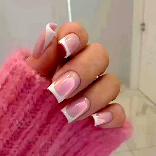 Chrome Press on Nails White French Tip Fake Nails Short Square False Nails with Design Aurora Glue on Nails Artificial Acrylic Nails Full Cover Nude Stick on Nails for Women Girls Manicure 24Pcs