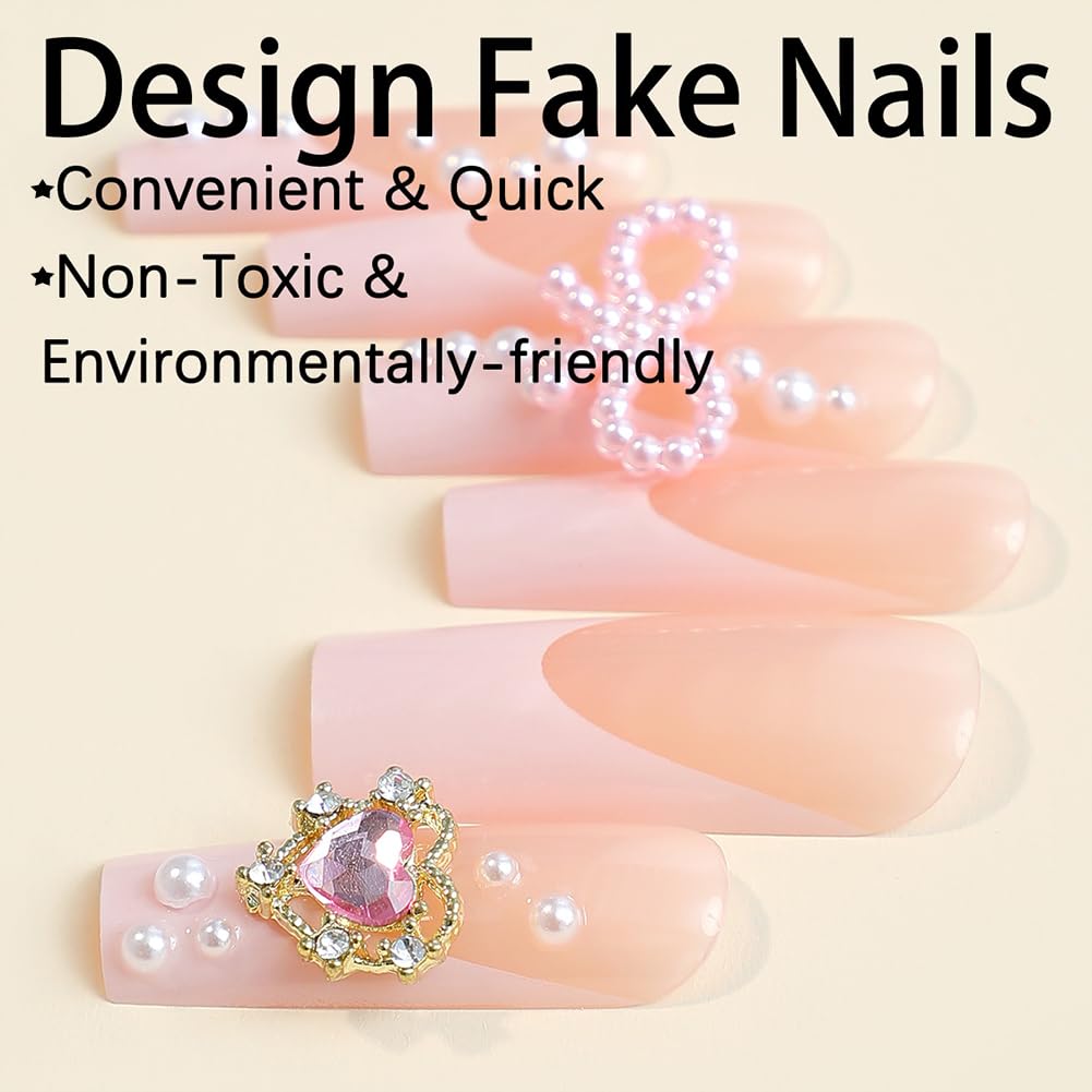 Long Press on Nails Pink French Tip Long Fake Nails Coffin Press on Nails Square False Nails with Pearl Bow Diamond Star Charm Design Acrylic Nails Press on Artificial Nails Stick on Nails For Women