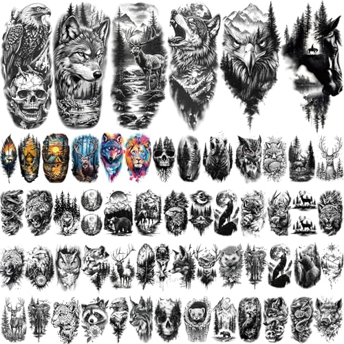 77 Sheets Temporary Tattoos, 17 Sheets Half Arm Wolf Lion Tiger Bear Leopard Eagle Fake Tattoos for Adults Shoulder Neck, 60 Sheets Tiny Animal Temporary Tattoos Realistic for Men Women Boys & Girls
