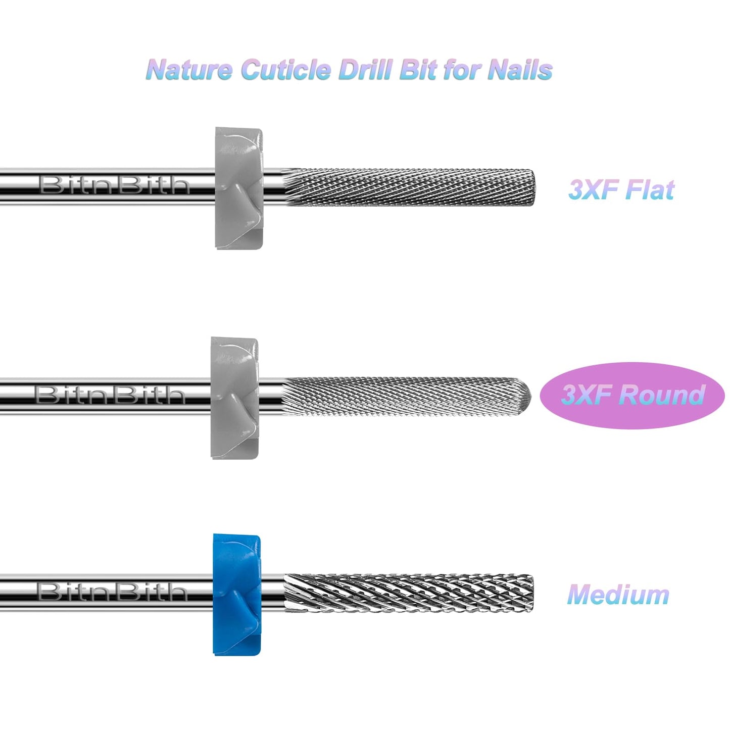 BITNBITH Nail Drill Bit Nature Nail Buffer Drill Bit 3/32",Professional Safety Carbide Nail Prepare Bit for Cuticle Dead Skin Cleaning Nail Bed File 2-Way Rotate for Manicure Home Salon,3XF-Round