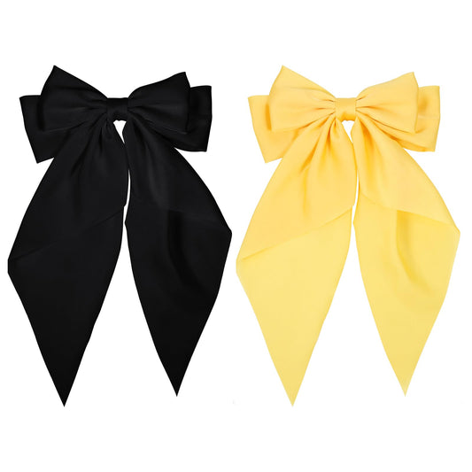 Black and Yellow Long Tail Bow Hair Ties, Classy Women Girls Hair Styling Accessories, Gift Hair Bows Spring Clip for Mom Women Girl Stuff, 90s Vintage Big Satin French Style Headdress Decor