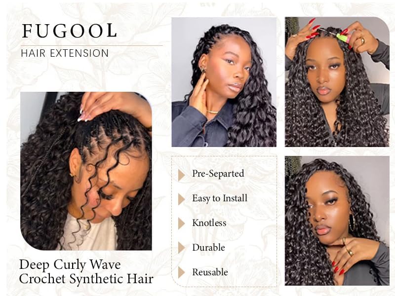 Fugool 100 Strands Feather Crochet Hair Synthetic 16 Inch Deep Wave Black for Black Women