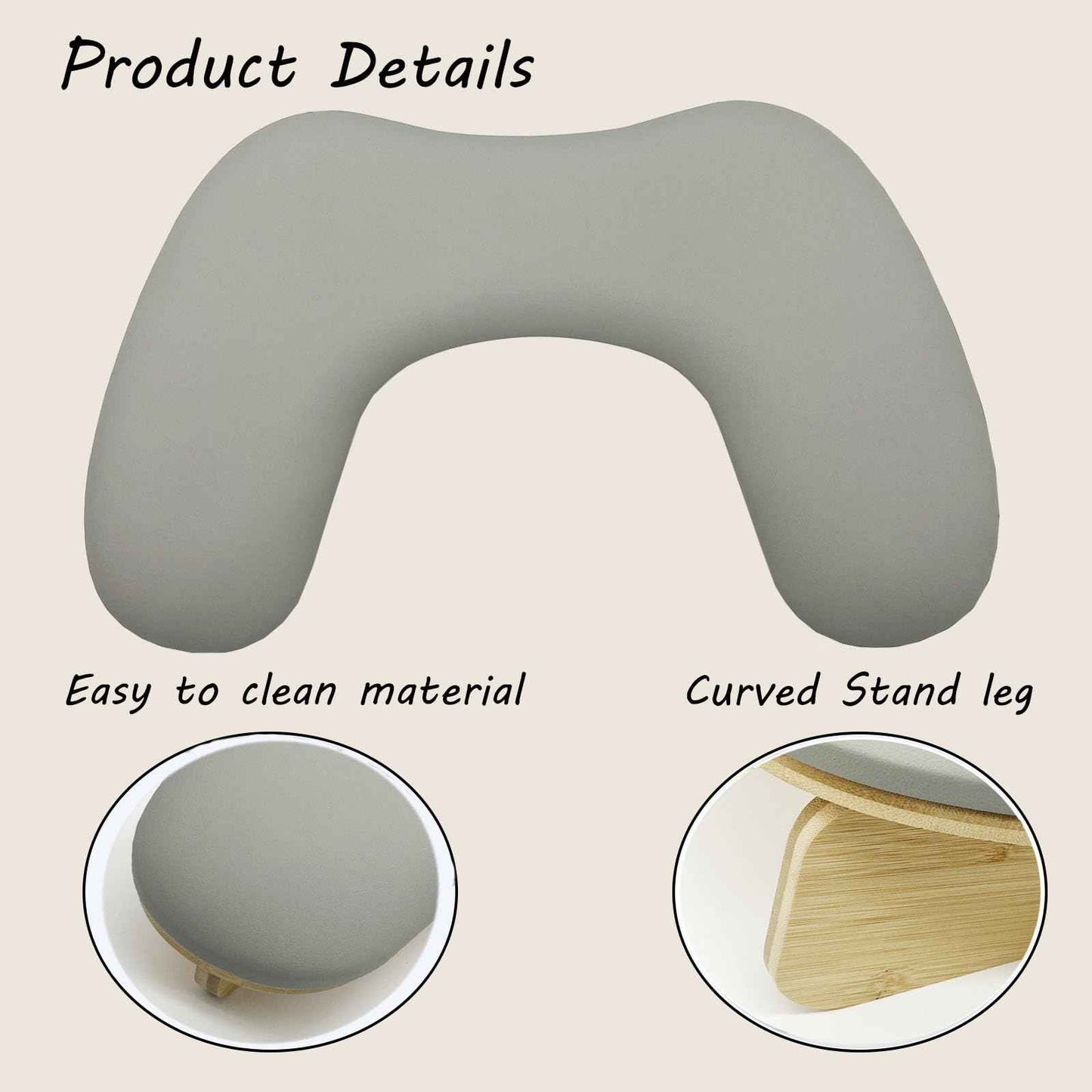 TANG SONG U-Shaped Hand Rest Wooden Base Sponge Manicure Hand Rest Pillow Nail Stand Hand Holder Nail Table Manicure Armrest Cushion (Grey)