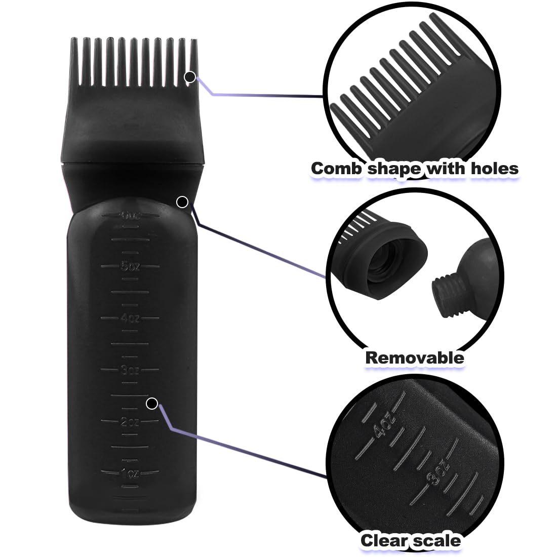 ELANE Hair Oil Applicator, 4PCS Hair Oiler Comb Bottle for Hair Scalp, 6oz (2Black+2Purple)