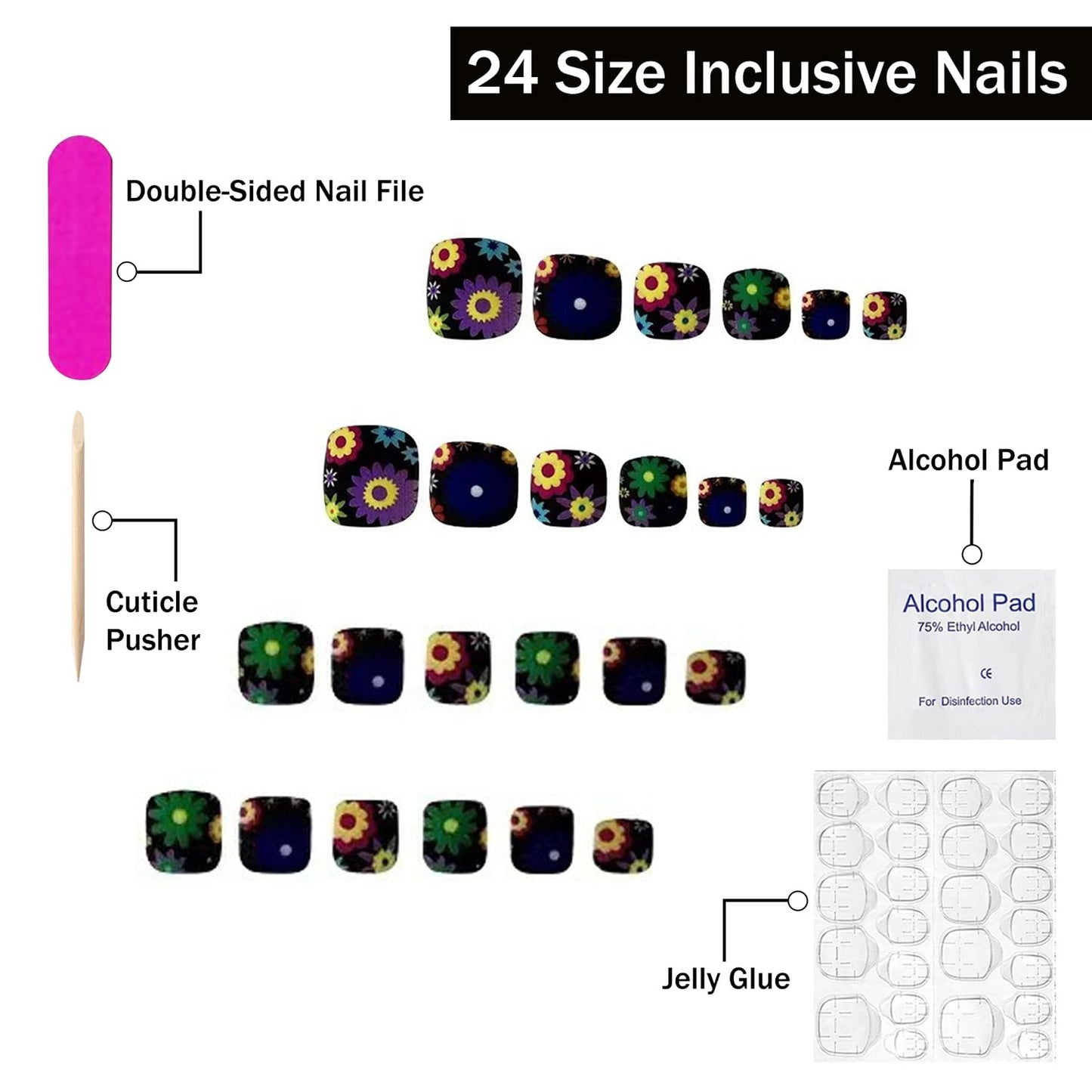 Summer Press on Toenails Short Square False Nail Black Full Cover Designs Colorful Floral Cute Fake Toe Nails Reusable Glossy Acrylic Fake Toe Nails Art Kits for Women Girls 24Pcs