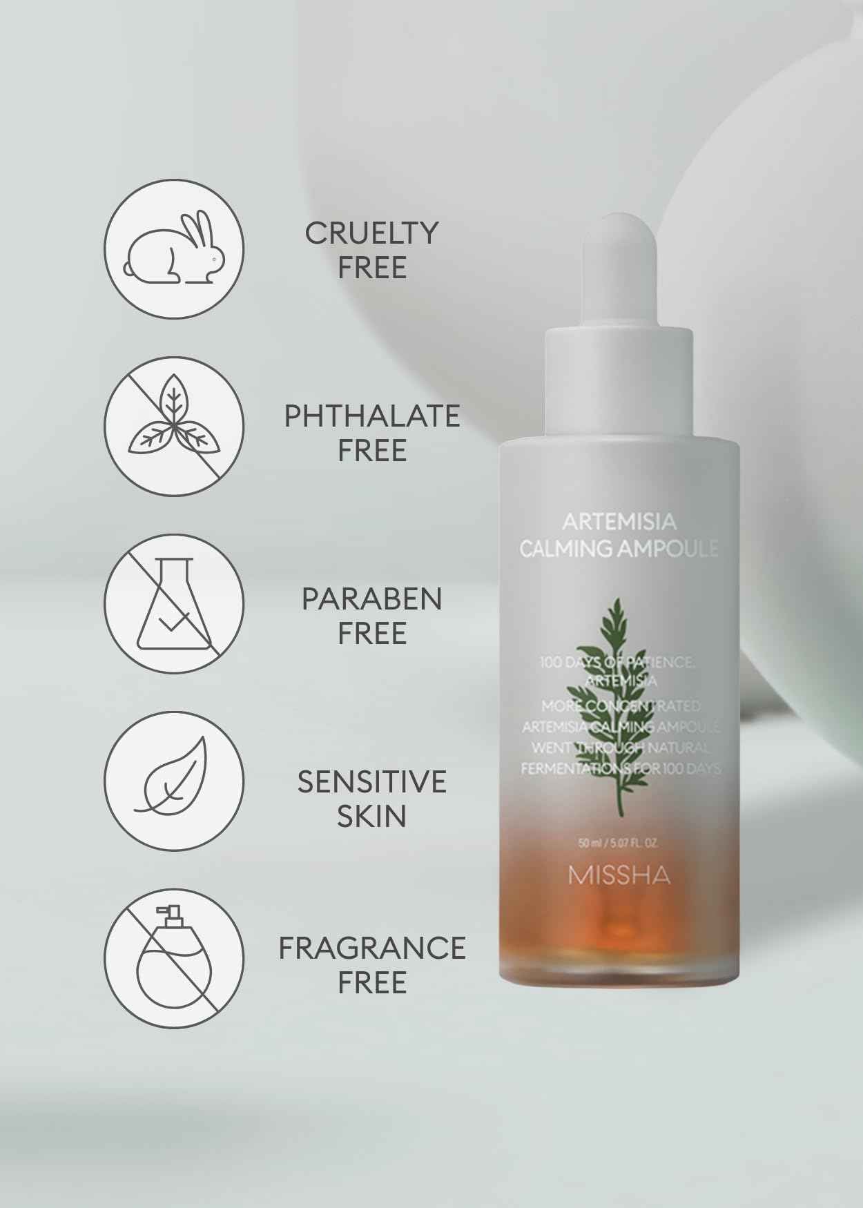 MISSHA Artemisia Calming Ampoule 1.69 Fl oz / 50ml - Face Serum for Sensitive Skin, Korean Skin Care with Double-Fermented Mugwort Extract, Soothes Redness, Acne & Irritation
