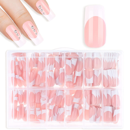 cobee Press on Nails Square Long, 360 Pcs Coffin Fake Nails French Tip Nude Color False Nail Glossy Full Cover Glue on Nails Ballerina Nail Art Manicure Decorations for Women Girls(Rectangle)