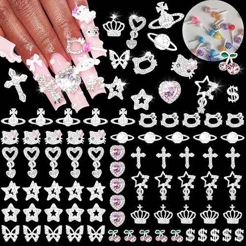80Pcs Silver Nail Charms Set with Pink Hearts£¬Crosses, Stars,Butterflies, Dollars, Cherries, Crowns,Lollipop Y2k Nail Gems for Women Girls Nail Decorations DIY Craft