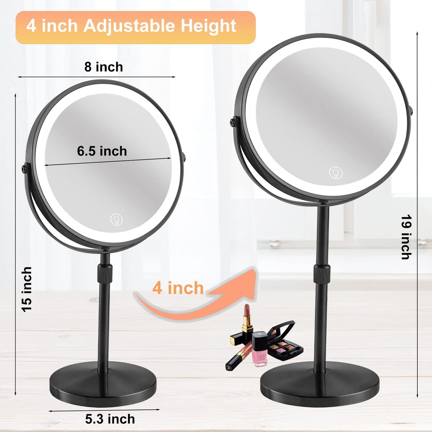 8" Makeup Mirror with Lights , Height Adjustable Lighted MMagnifying Mirror, 1x/10x Lighted Mirror with Magnification, Brightness Adjustable Magnification Cosmetic Vanity Light up Mirror, Black