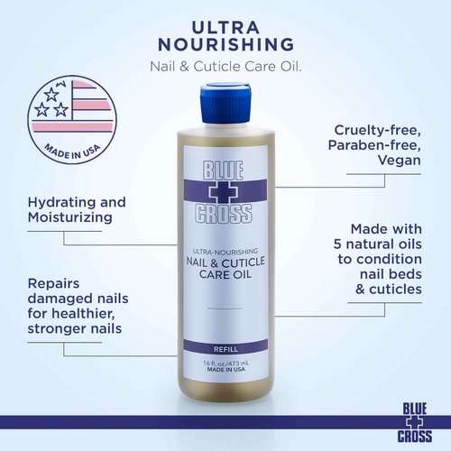 Blue Cross Nail & Cuticle Care Oil, Mineral Oil Free, Hydrating, Moisturizing, All Natural Professional Nail + Cuticle Care, Lemongrass/Lavender Scented Essential Oils, Made in USA, 16fl oz/473mL