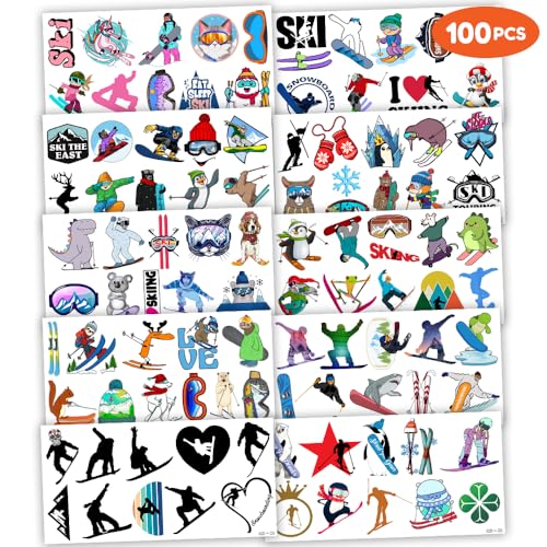 Winter Skiing Temporary Tattoos - 10 Sheets, 100 PCS