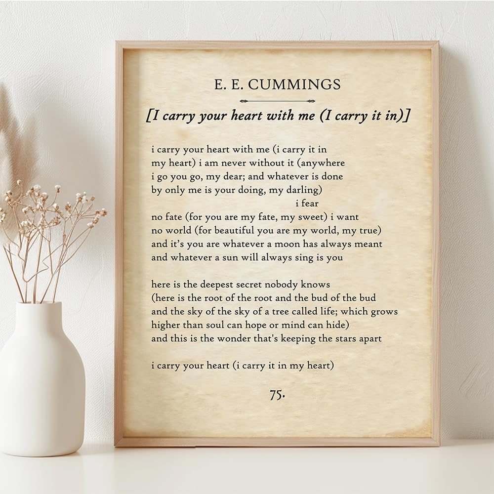 E E Cummings - I Carry Your Heart - Great Home and Room Decorations, Classic Poster Poetry Prints, Inspirational Love Gift for Wedding and Anniversary, 11x14 Framed Motivational Wall Art